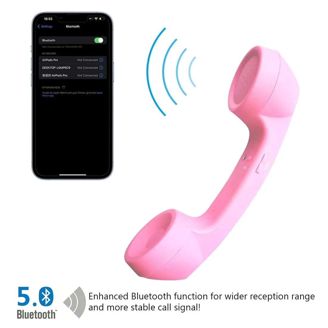 LIONSOUL Pink Retro Bluetooth Handset with USB for Cell Phones & Computers - view 2