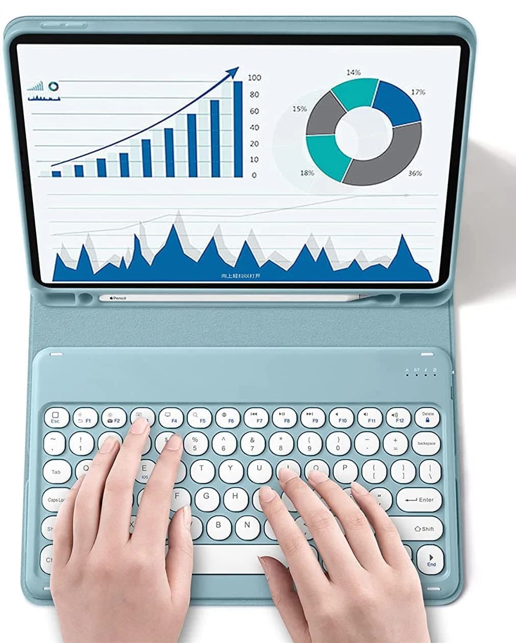 QIYIBOCASE Blue Retro Round Keys Keyboard Case for Galaxy Tab S6 Lite 10.4-inch | Detachable Magnetic Wireless Bluetooth Keyboard Cover with S Pen Holder — Blue