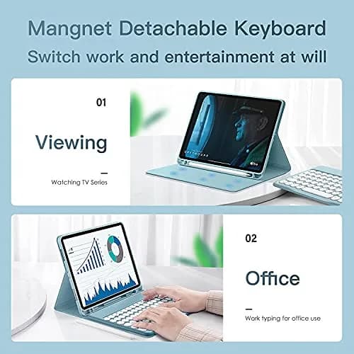 QIYIBOCASE Blue Retro Round Keys Keyboard Case for Galaxy Tab S6 Lite 10.4-inch | Detachable Magnetic Wireless Bluetooth Keyboard Cover with S Pen Holder thumbnail 3