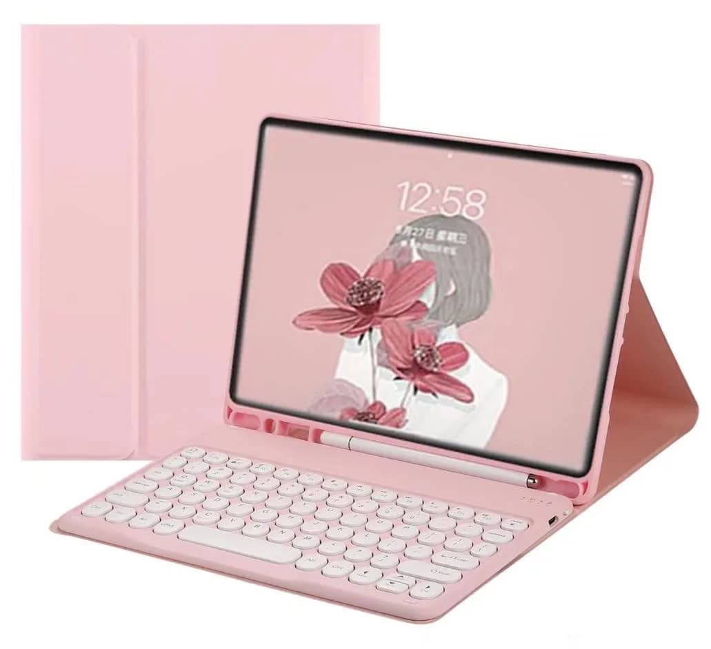 QIYIBOCASE Pink Retro Round Keys Keyboard Case for Galaxy Tab S6 Lite 10.4 inch (2020-2024 Models) with S Pen Holder — Pink