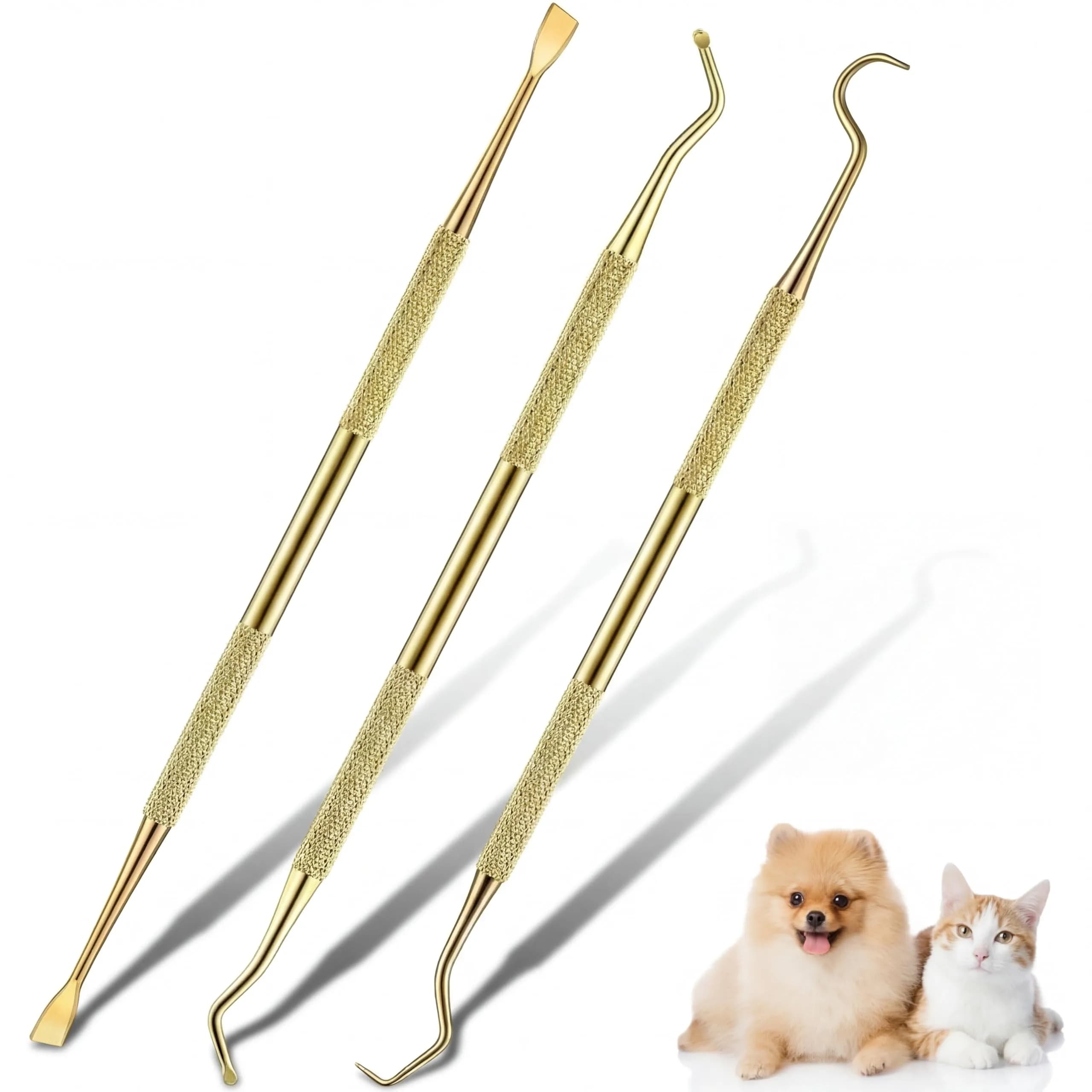 Hotop Stainless Steel Dog Tooth Scaler & Scraper 3 Pcs | Tartar & Plaque Removal Tool for Dogs — Gold
