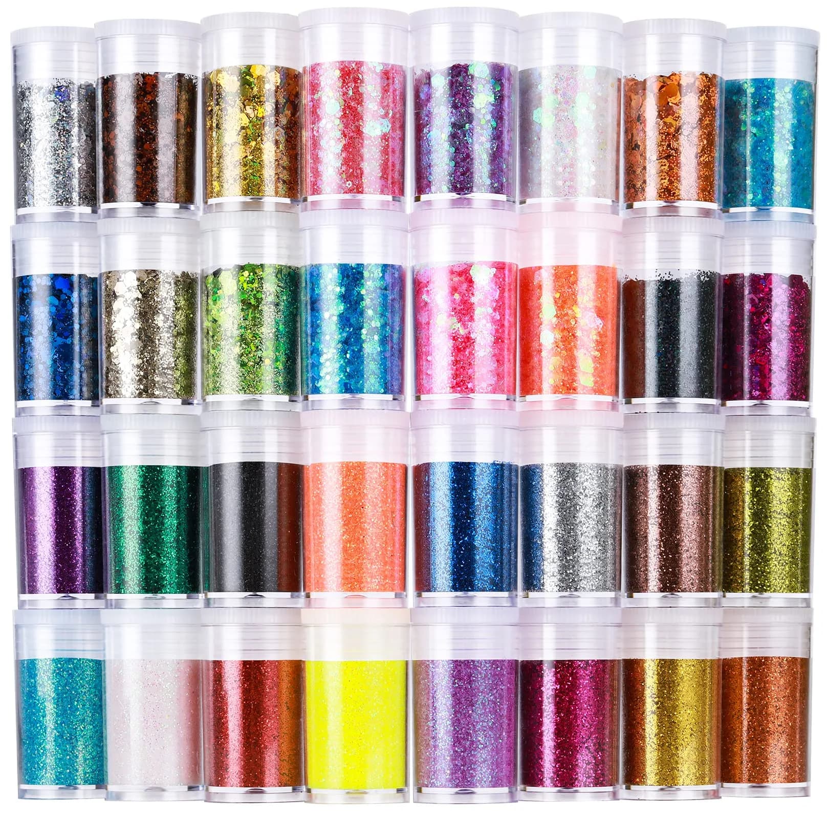 LEOBRO Glitter, 32 Colors Fine & Chunky Glitter for Crafts, Resin, Art, 16 jars each 8g | Sparkling & Safe — C-Fine Chunky Glitter
