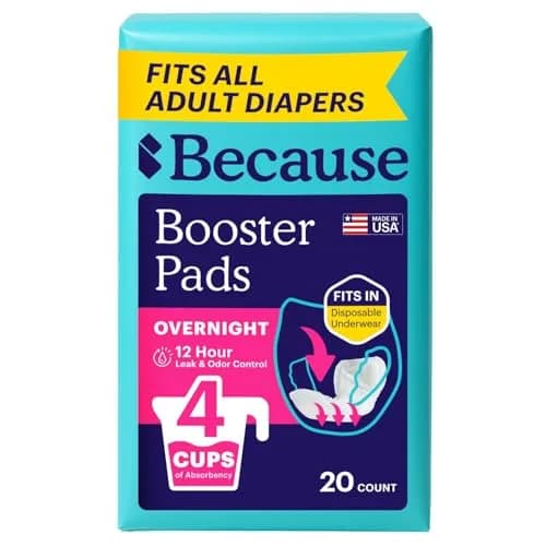 Because Overnight Incontinence Booster Pads for Men and Women | Extra 4 Cups Absorbency, Soft, Unisex, 20 Count thumbnail 1