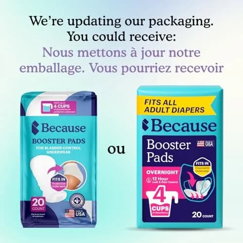 Because Overnight Incontinence Booster Pads for Men and Women | Extra 4 Cups Absorbency, Soft, Unisex, 20 Count thumbnail 2