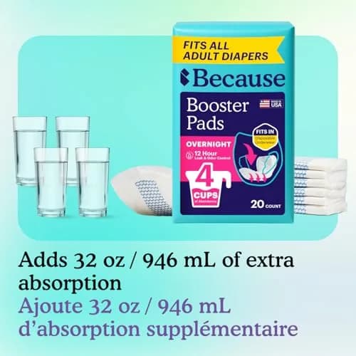 Because Overnight Incontinence Booster Pads for Men and Women | Extra 4 Cups Absorbency, Soft, Unisex, 20 Count thumbnail 3