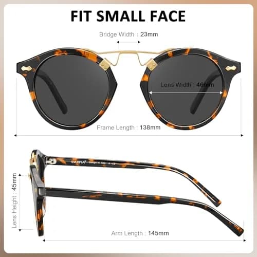 CARFIA Small Acetate Polarized Sunglasses for Women UV Protection, Retro Double Bridge Eyewear Metal Brow Round Sunnies thumbnail 7