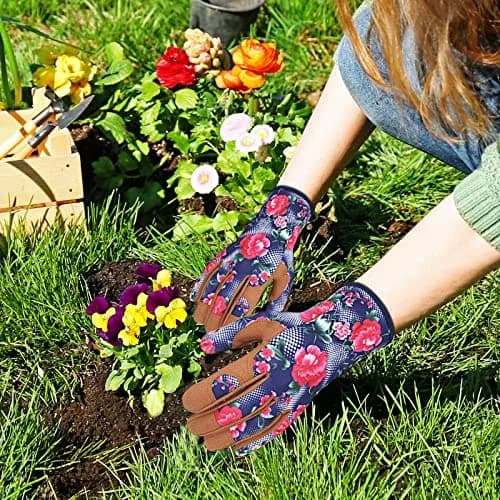MERTURN Leather Gardening Gloves for Women Floral Pattern | Touch Screen & Heavy Duty (9 in) thumbnail 5
