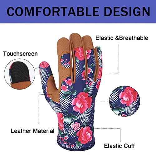 MERTURN Leather Gardening Gloves for Women Floral Pattern | Touch Screen & Heavy Duty (9 in) thumbnail 2
