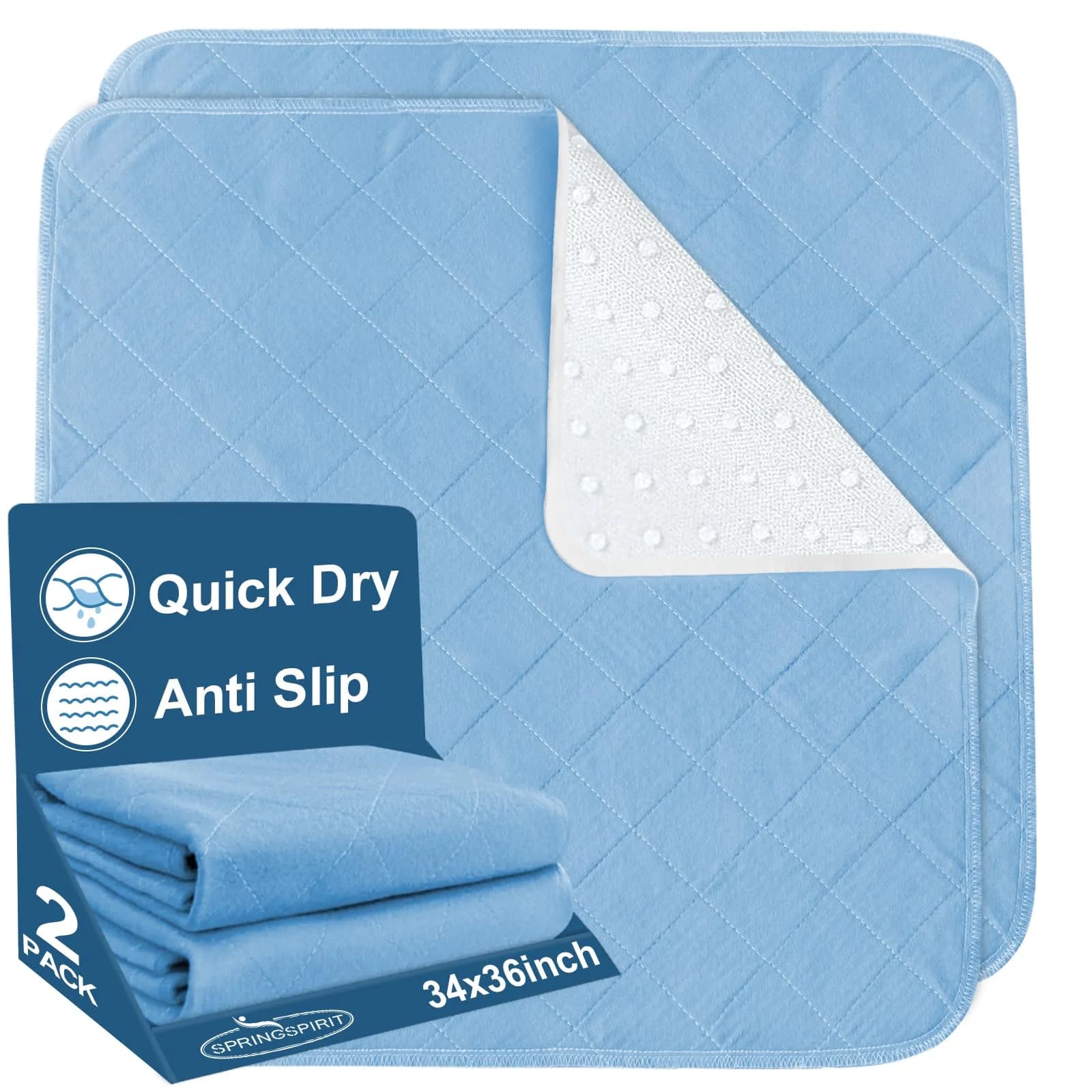 SPRINGSPIRIT Washable Waterproof Bed Pads 36'' x 34'' (2-Pack, Blue) | 4-Layer Protection for Incontinence — Blue