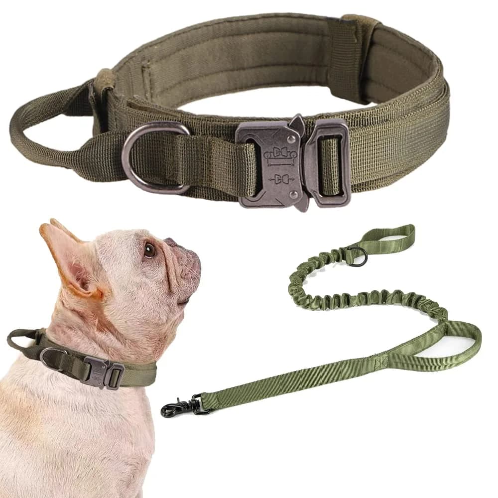 Xqpetlihai Tactical Dog Collar Adjustable Military Nylon Dog Collar with Control Handle and Heavy Duty Metal Buckle for Medium and Large Dogs (Pink Camo,L) | Heavy Duty Nylon & Metal Buckle — Green SET(collar+leash) / Small