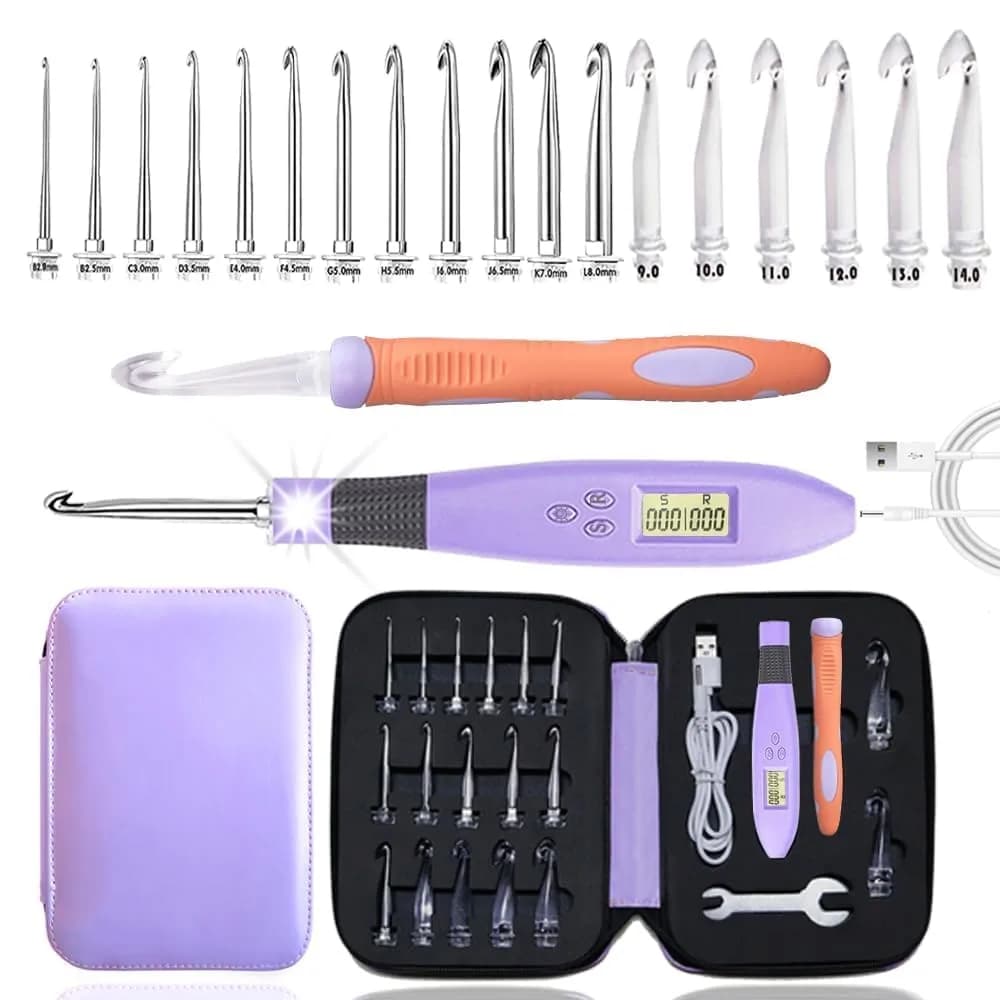 Yarniss 18 Size Interchangeable Crochet Hooks Set with Light & Counter 2.0mm-14.0mm | Digital Counting for Rows & Stitches