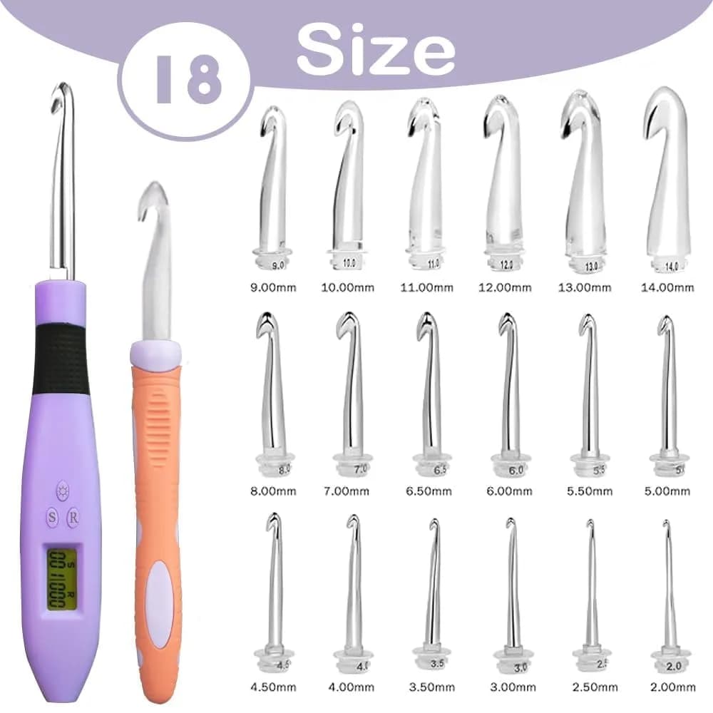 Yarniss 18 Size Interchangeable Crochet Hooks Set with Light & Counter 2.0mm-14.0mm | Digital Counting for Rows & Stitches - view 2
