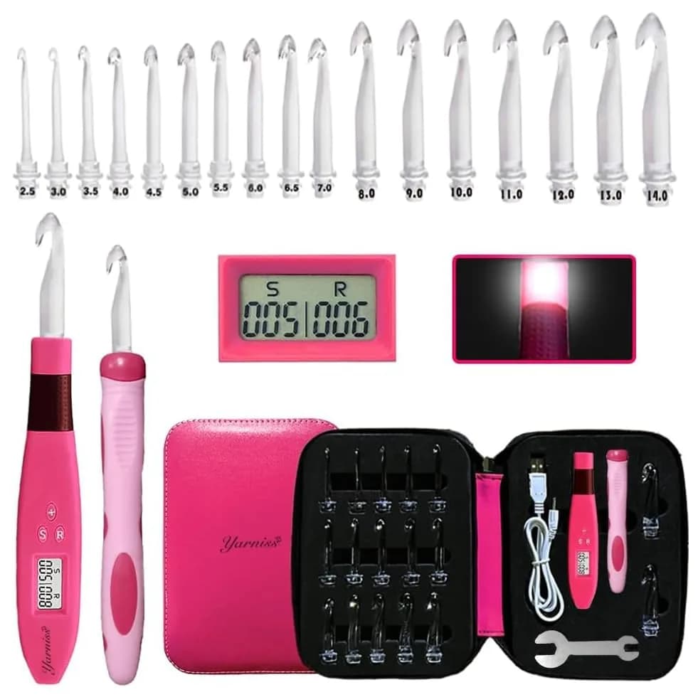 Yarniss 17 Size Lighted Crochet Hooks Set with Counter 2.5mm-14.0mm | Ergonomic Plastic Handles