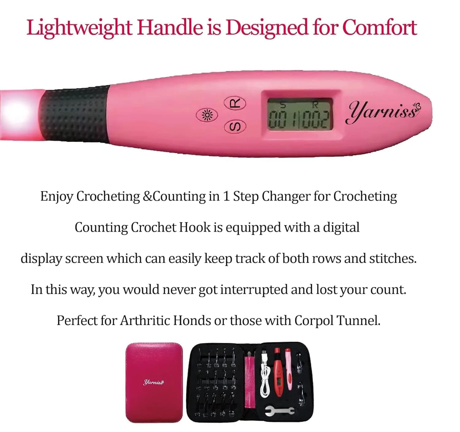 Yarniss 17 Size Lighted Crochet Hooks Set with Counter 2.5mm-14.0mm | Ergonomic Plastic Handles - view 4