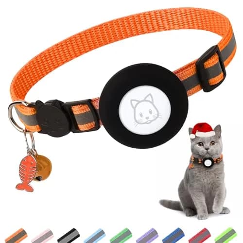 SimpleThings Orange Airtag Cat Collar with Bell & Safety Buckle | Reflective Nylon, Adjustable 22-35cm thumbnail 1
