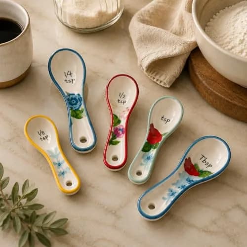 WAYUTO Ceramic Flower Measuring Spoons Set 5 Piece | Cute White Kitchen Spoon Set for Baking, Coffee and Cooking thumbnail 1