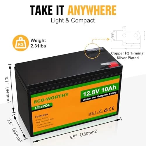 ECO-WORTHY 12V 10Ah Lithium LiFePO4 Deep Cycle Battery | Lightweight, Long-Lasting, BMS Protected thumbnail 3