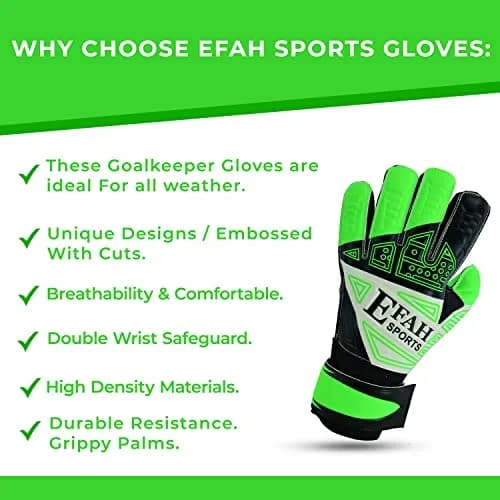 EFAH SPORTS Goalkeeper Gloves Green Size 8 (231g) | Fingersave & Double Wrist Protection for Youth Soccer thumbnail 4