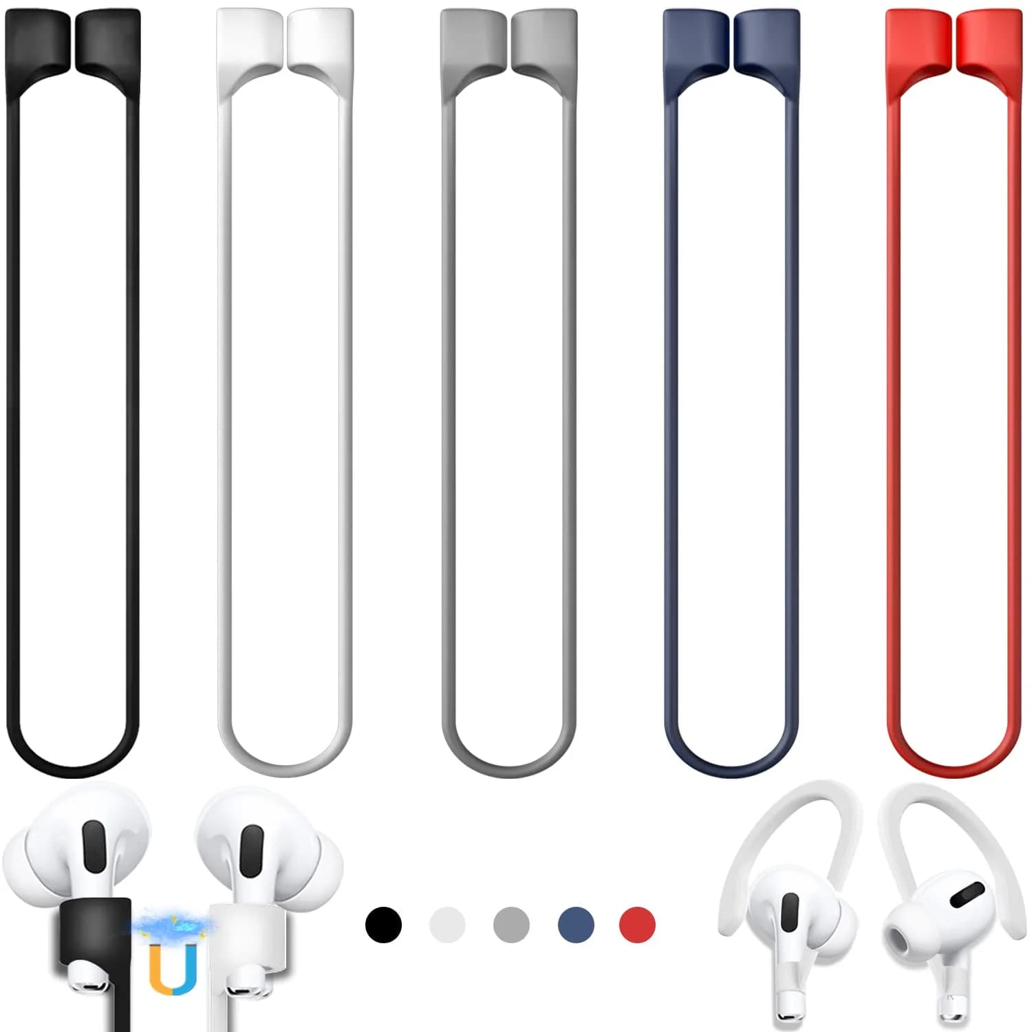 Mooyavia Ultra Strong Magnetic Anti-Lost Strap for AirPods Pro 3rd Gen & 2nd Gen, 5 Pack | Securely Fixes Earbuds During Sports — A4-black+white+red+grey+blue