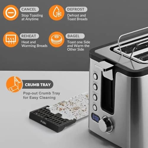 Mecity 4 Slice Toaster, Long Slot With Timer, Wide Slots, Stainless Steel, 1300W thumbnail 4