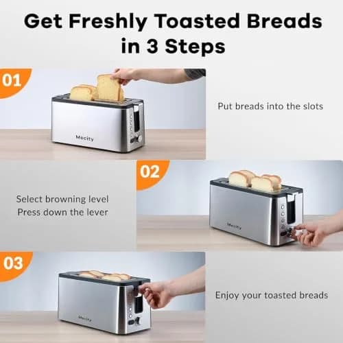 Mecity 4 Slice Toaster, Long Slot With Timer, Wide Slots, Stainless Steel, 1300W thumbnail 6