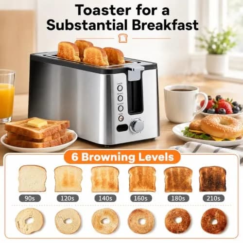 Mecity 4 Slice Toaster, Long Slot With Timer, Wide Slots, Stainless Steel, 1300W thumbnail 3