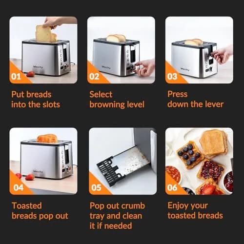 Mecity Toaster 2 Slice Stainless Steel Body | 6 Browning Settings, Timer, Bagel & Defrost Functions thumbnail 4
