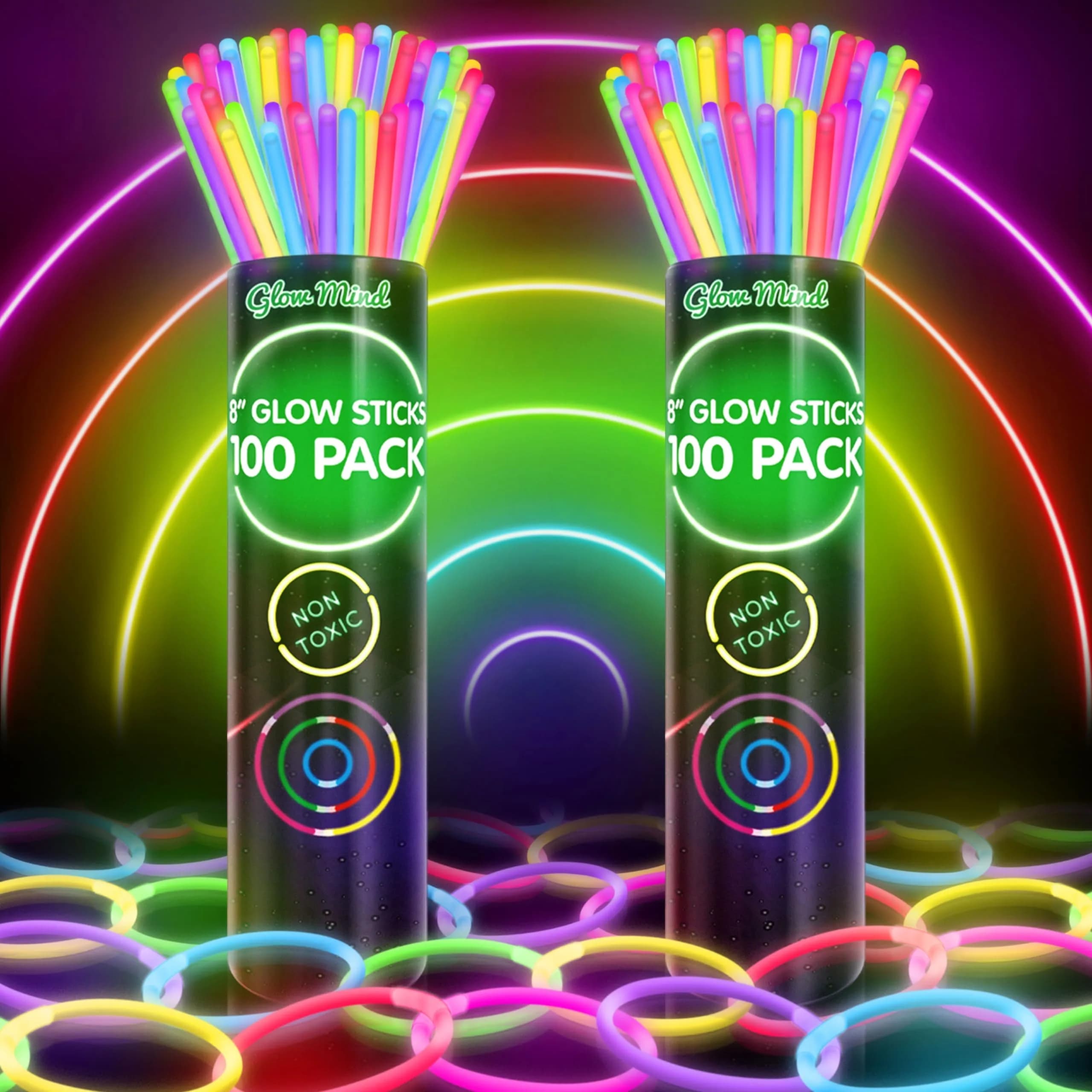 Glow Mind Ultra Bright Glow Sticks Bulk Pack (200 Count) with Bracelets & Necklaces | 6+ Hour Glow for Parties - main product image