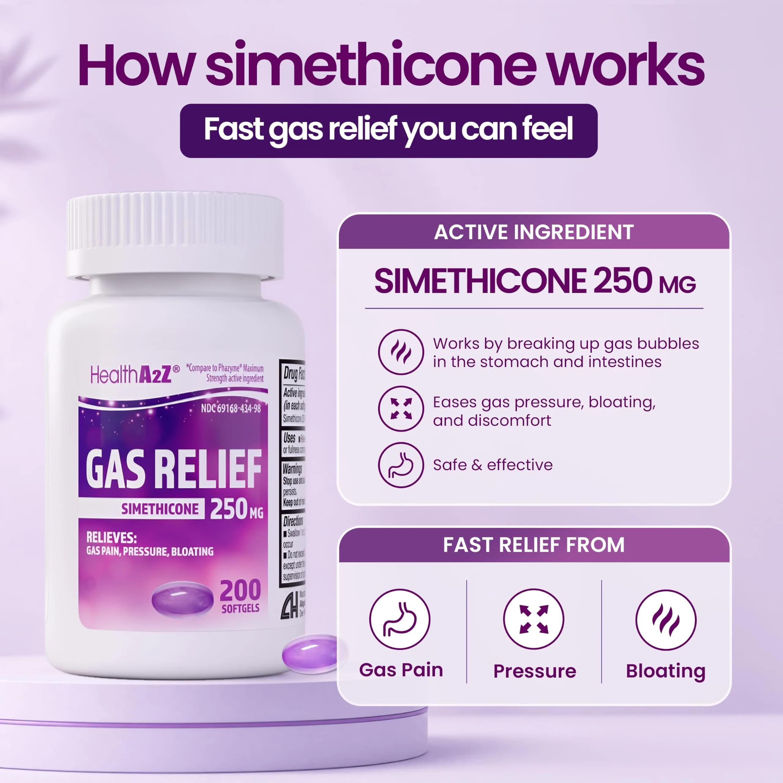 HealthA2Z Gas Relief Simethicone 250mg Softgels 200 Count | Fast Acting Antigas Medication - view 5