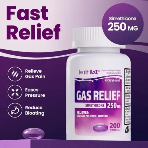 HealthA2Z Gas Relief Simethicone 250mg Softgels 200 Count | Fast Acting Antigas Medication thumbnail 2