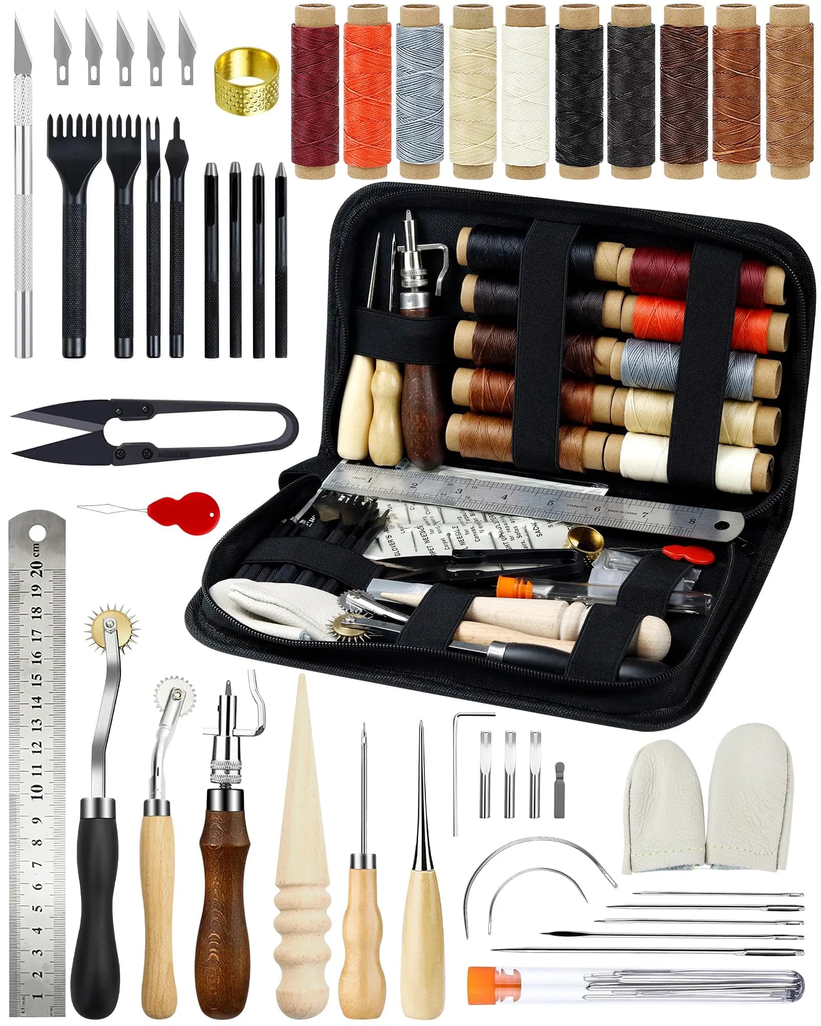 PLANTIONAL Leather Working Tools for Beginners Kit | 10 Waxed Threads, 7-in-1 Stitching Groover, Awl, Punch, Steel & Wood — Highly Rated