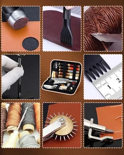 PLANTIONAL Leather Working Tools for Beginners Kit | 10 Waxed Threads, 7-in-1 Stitching Groover, Awl, Punch, Steel & Wood thumbnail 6