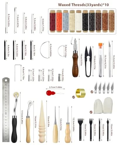 PLANTIONAL Leather Working Tools for Beginners Kit | 10 Waxed Threads, 7-in-1 Stitching Groover, Awl, Punch, Steel & Wood thumbnail 2