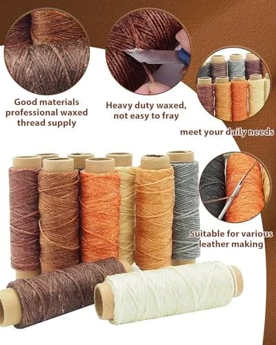 PLANTIONAL Leather Working Tools for Beginners Kit | 10 Waxed Threads, 7-in-1 Stitching Groover, Awl, Punch, Steel & Wood thumbnail 3