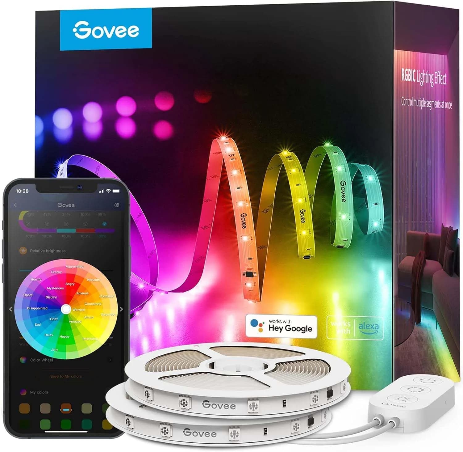 Govee 100ft (30.48m) RGBIC LED Strip Lights | Smart Voice Control for Bedroom Decor