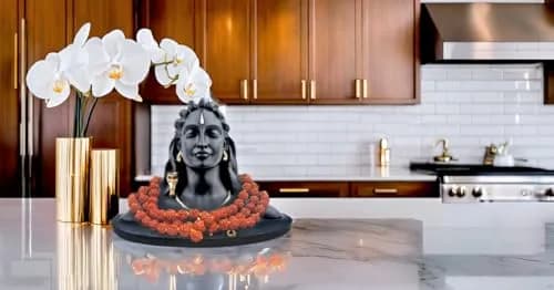 Rhymestore Adiyogi Statue for Car Dashboard, Pooja & Gift, Home & Office Decor (8 cm Height, Black) | Miniature Replica with Rudraksha Mala thumbnail 2