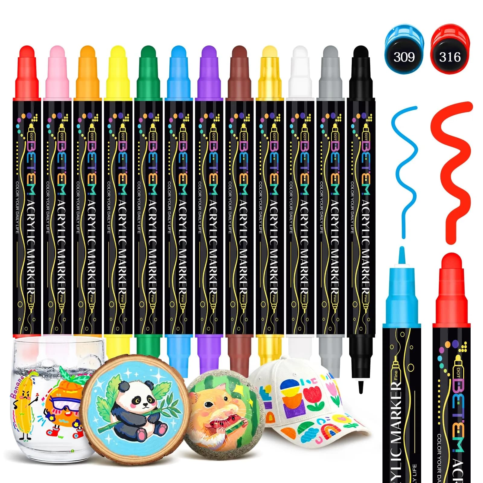 Betem 12 Colors Dual Tip Acrylic Paint Markers | Assorted Colors Marking Pen - main product image