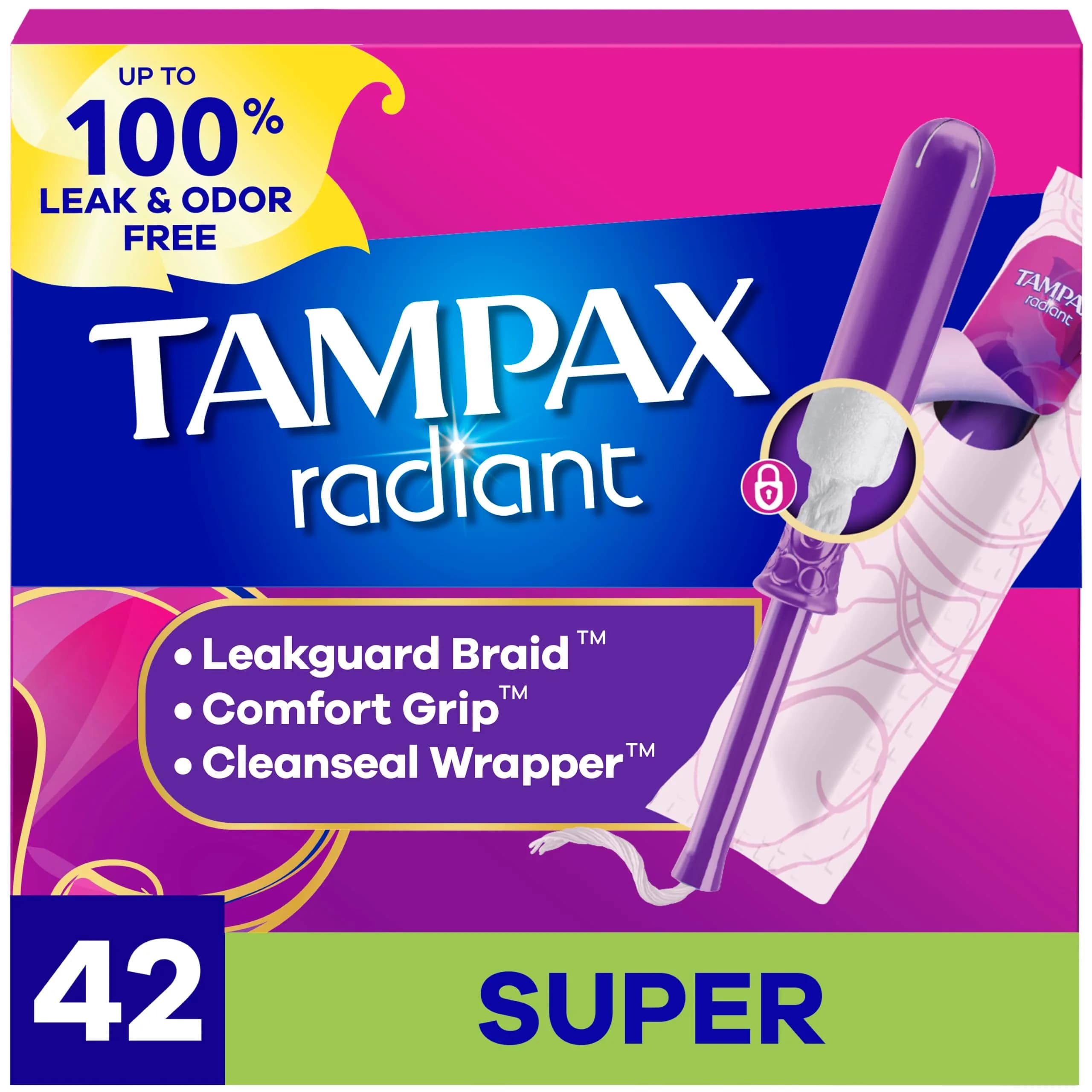 Tampax Radiant Tampons Super Absorbency with LeakGuard Braid Unscented 168 Count (28 Count x 6 Packs) | Up to 8 Hours Protection — Super