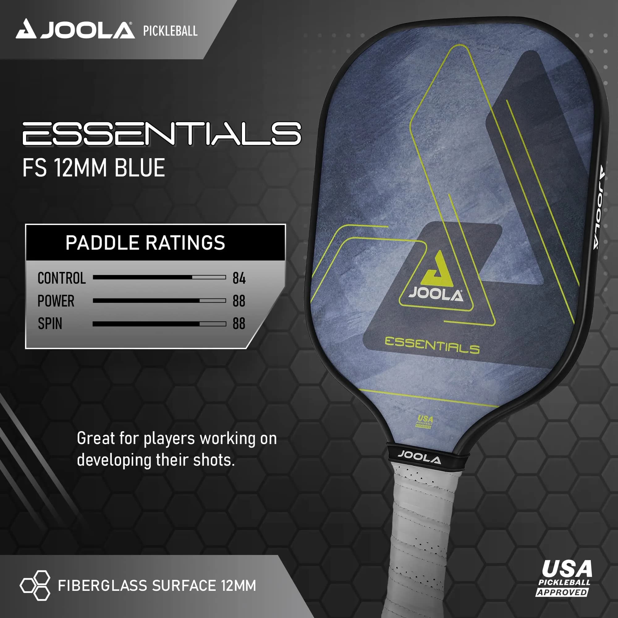 JOOLA Essentials Performance Pickleball Paddle | 232g (8.2oz) Fiberglass Surface, Poly Core, Blue - view 2