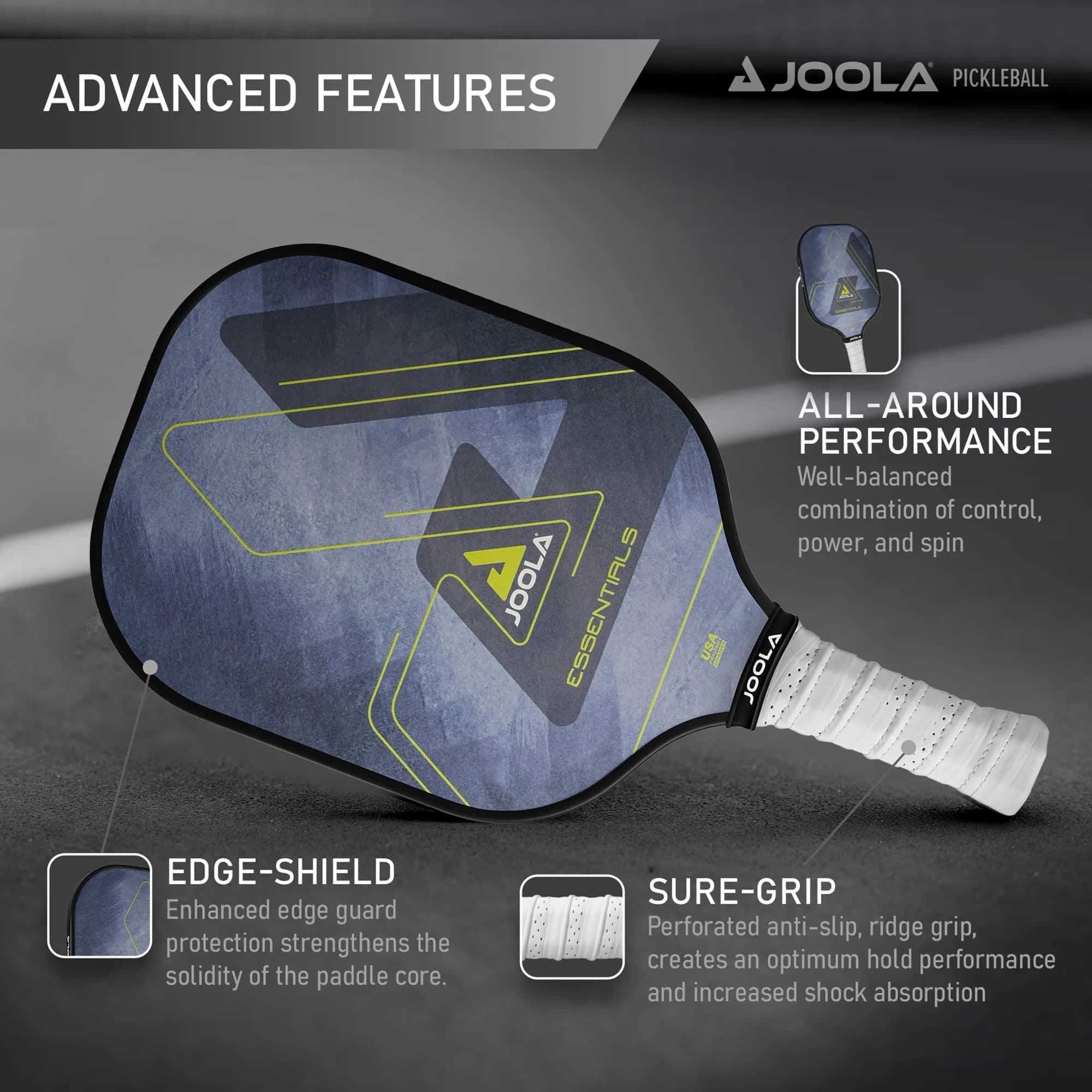 JOOLA Essentials Performance Pickleball Paddle | 232g (8.2oz) Fiberglass Surface, Poly Core, Blue - view 3