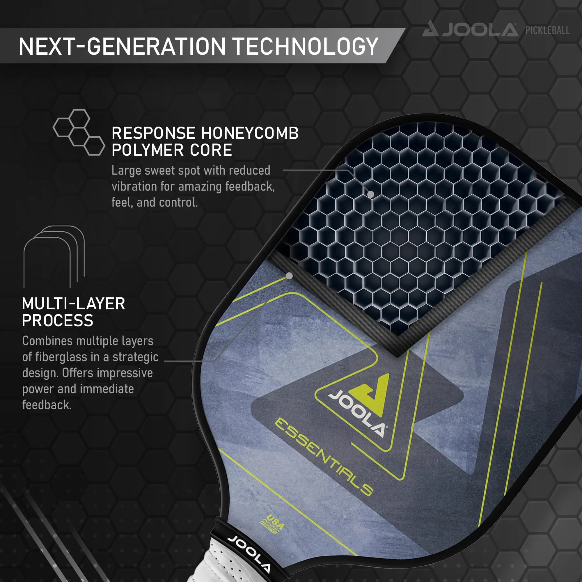 JOOLA Essentials Performance Pickleball Paddle | 232g (8.2oz) Fiberglass Surface, Poly Core, Blue - view 4