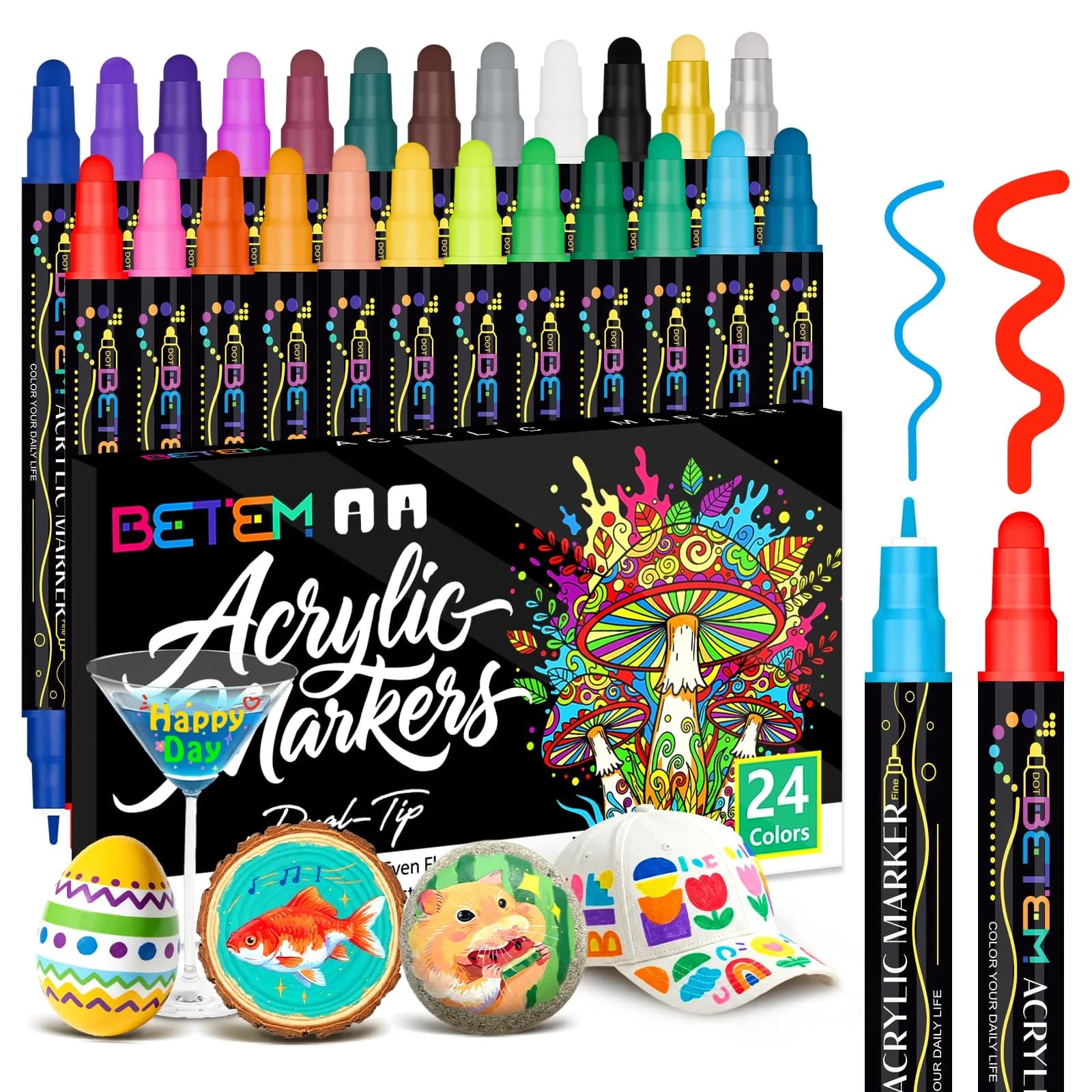 Betem 24 Colors Dual Tip Acrylic Paint Markers | Water-Based, Acid-Free Ink - main product image
