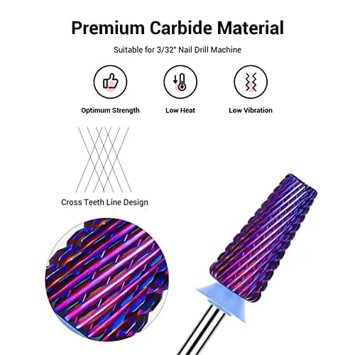 MelodySusie 5 in 1 Nail Drill Bits Set Purple Medium 3/32'' Carbide Tungsten | Professional Manicure Pedicure Tool thumbnail 2