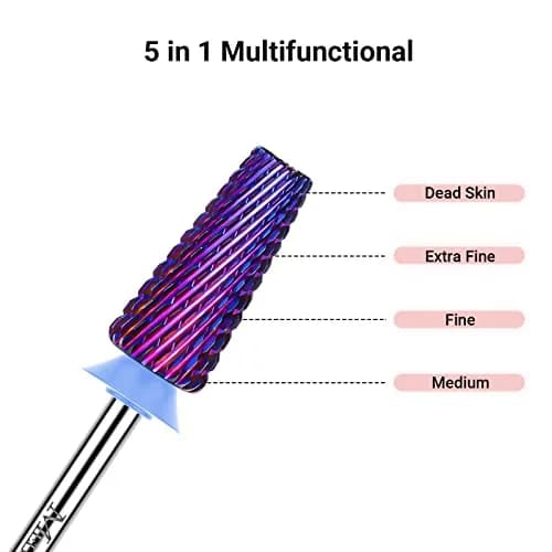MelodySusie 5 in 1 Nail Drill Bits Set Purple Medium 3/32'' Carbide Tungsten | Professional Manicure Pedicure Tool thumbnail 3