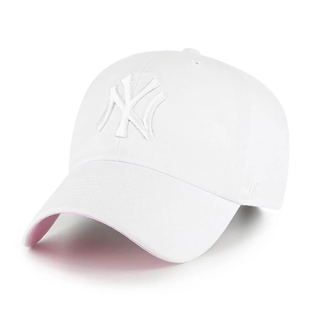 '47 New York Yankees Ballpark Clean Up Dad Hat Baseball Cap | Relaxed Fit Cotton Twill, Adjustable Strapback, White/Pink Bottom