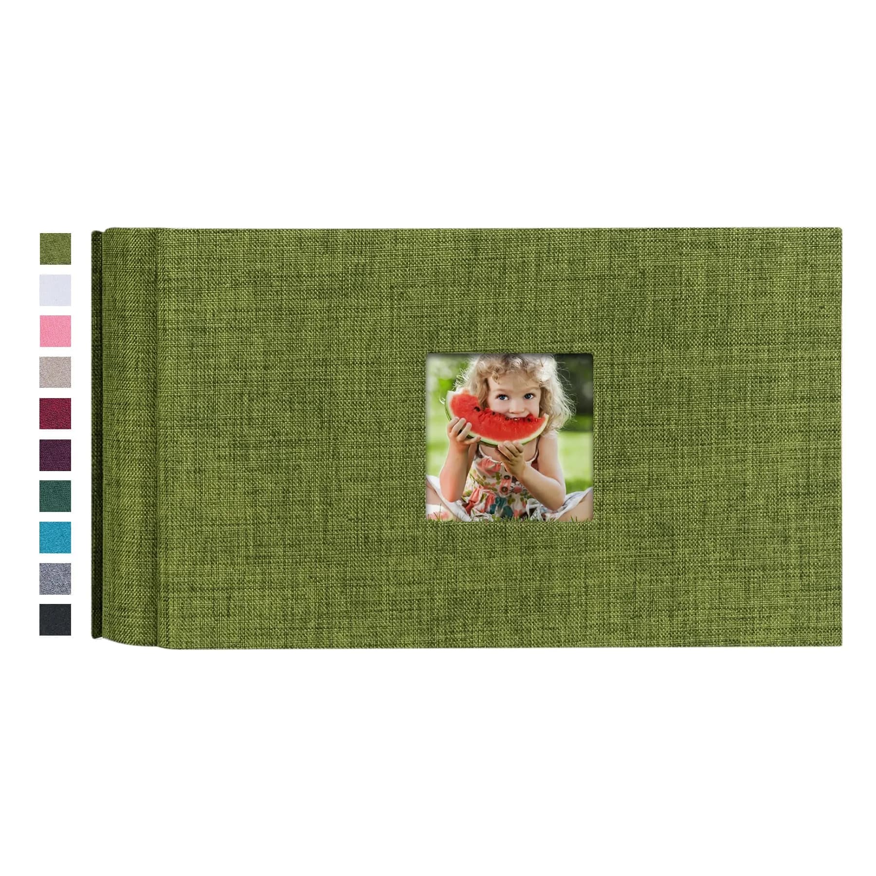 Mublalbum Green Linen Cover Photo Album with Window, 100 Pockets (50 Sheets) | Holds 1 Horizontal 4x6 Photo Per Page — Green
