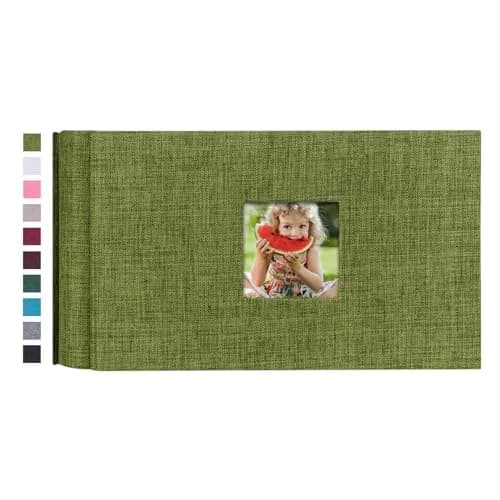 Mublalbum Green Linen Cover Photo Album with Window, 100 Pockets (50 Sheets) | Holds 1 Horizontal 4x6 Photo Per Page thumbnail 1