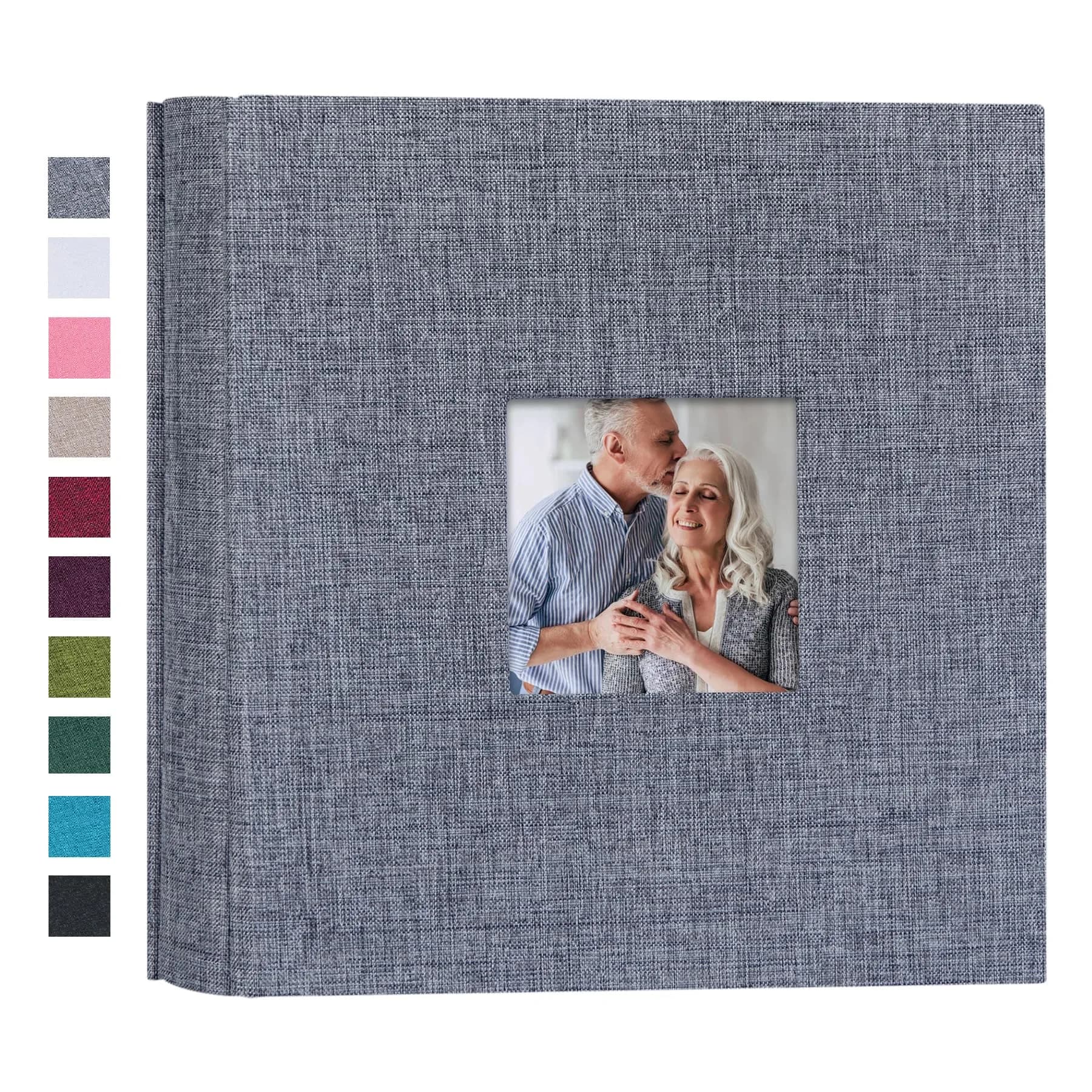Mublalbum Green Linen Cover Photo Album with Window, 100 Pockets (50 Sheets) | Holds 1 Horizontal 4x6 Photo Per Page — Gray / 200 Pockets