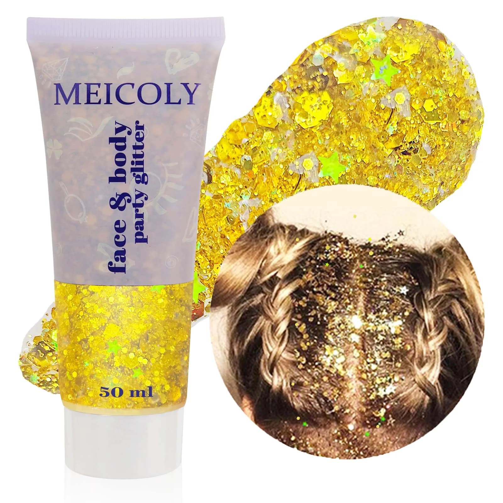 MEICOLY Green Chunky Glitter Gel 50ml (1.7 Fl Oz) | Self-Adhesive Face Body Hair Glitter for Festivals — gold body glitter