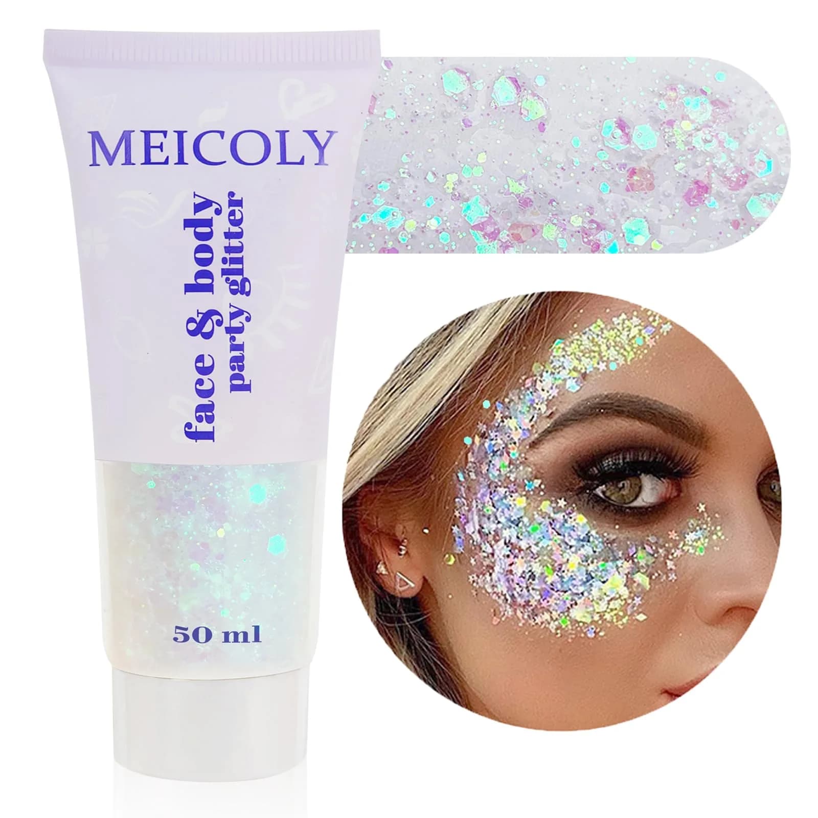 MEICOLY Green Chunky Glitter Gel 50ml (1.7 Fl Oz) | Self-Adhesive Face Body Hair Glitter for Festivals — white body glitter